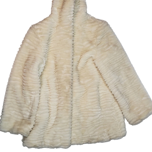 Cream Faux Fur Textured Hooded Jacket Sz Small Button Up Lined Cozy Winter Coat - Picture 6 of 16
